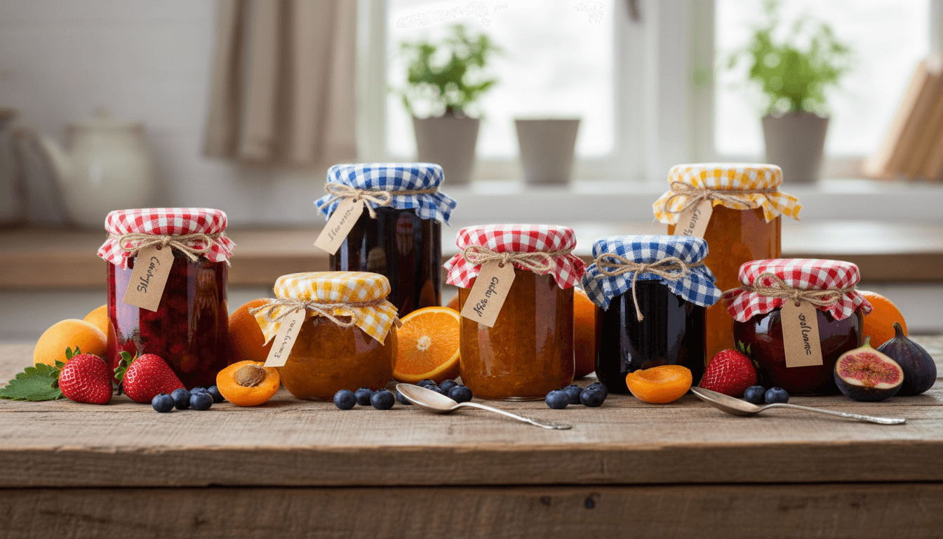 Pots de confiture maison sur une table en bois avec des fruits frais