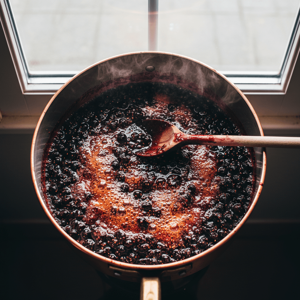 Bassine en cuivre où mijote une confiture de fruits rouges