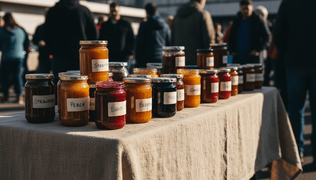 Étalage de pots de confiture sur une table en bois dans un marché