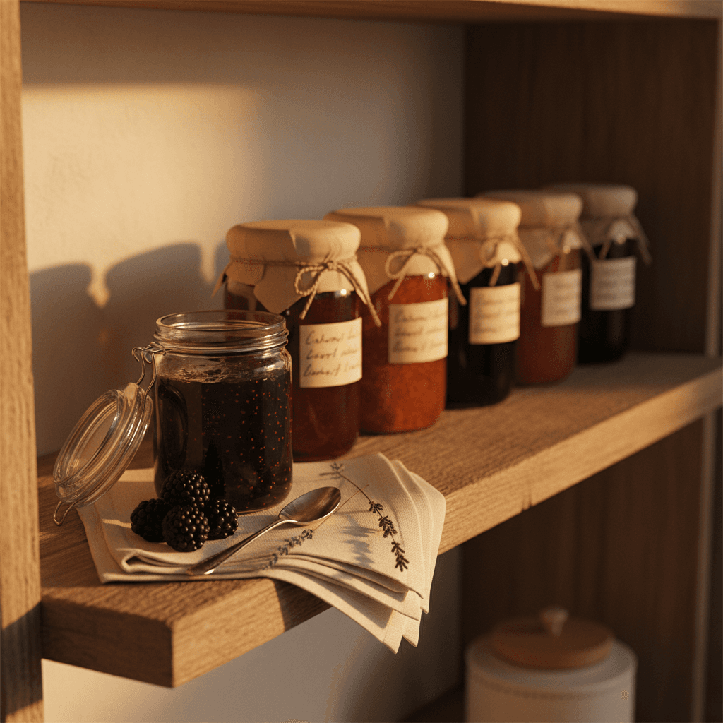 Pots de confiture solidaires étiquetés à la main alignés sur une étagère