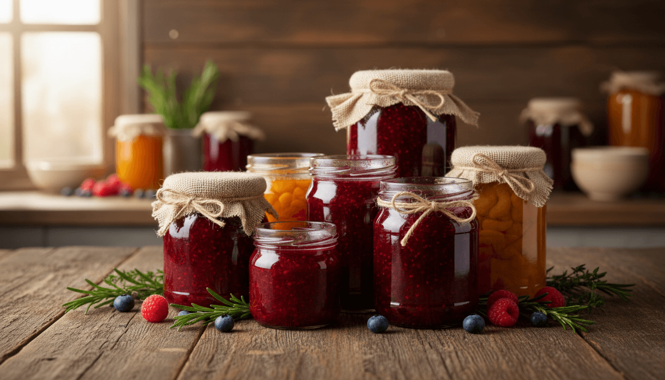 Pots de confiture artisanale sur une table en bois avec lumière naturelle