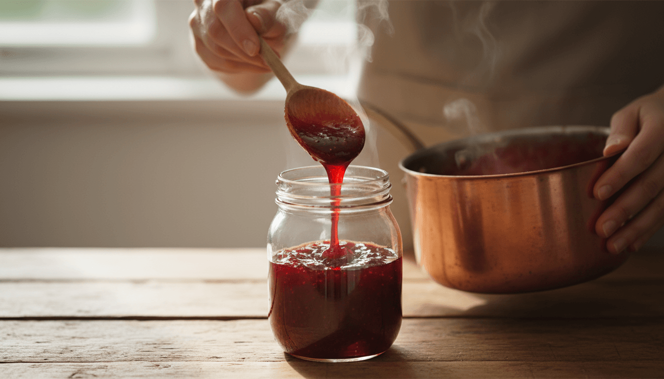 Mains versant de la confiture artisanale dans un pot en verre