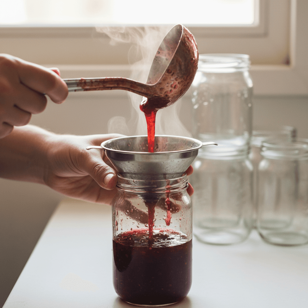 Mise en pot artisanale de la confiture encore chaude