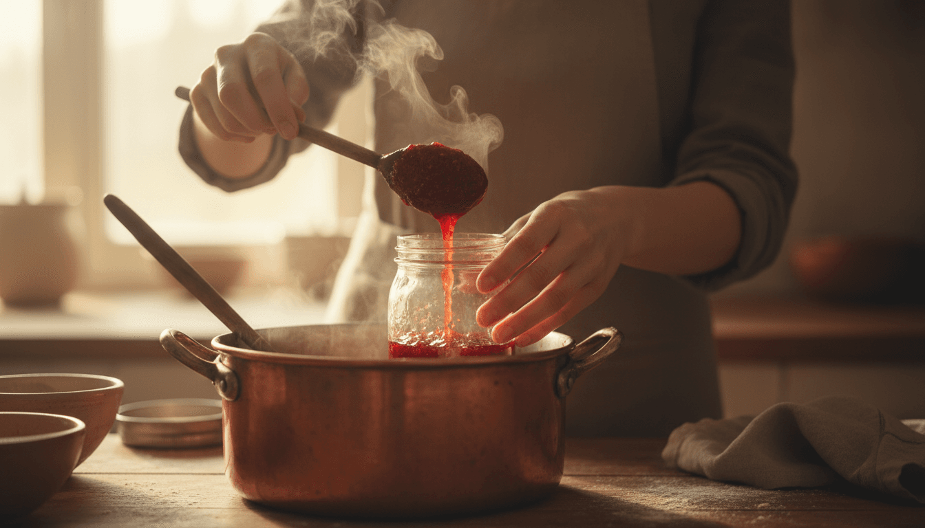 Mains versant de la confiture artisanale dans un pot en verre