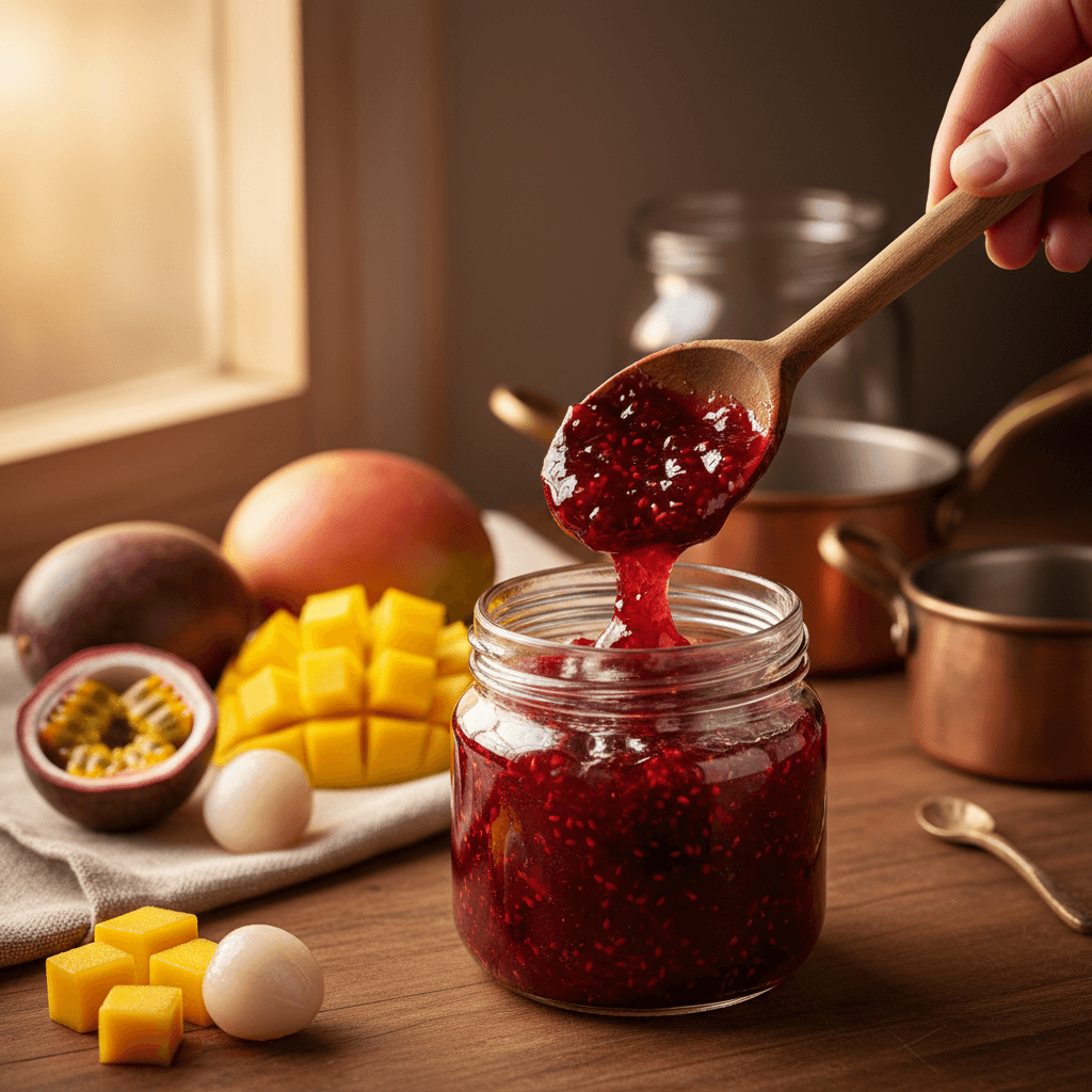 Hand spooning vibrant red fruit preserve into glass jar with fresh tropical fruits in soft focus background