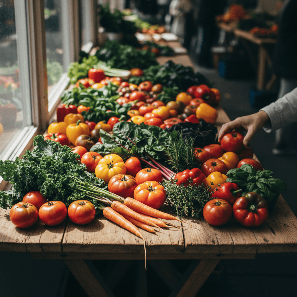 Overhead view of colorful fresh vegetables arranged on wooden table, customer hand selecting a tomato