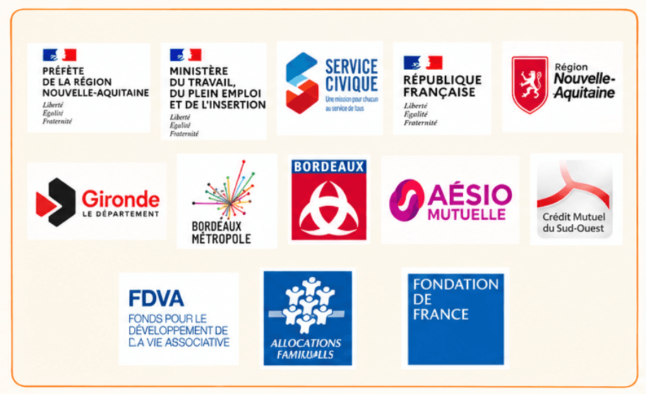 Logos de partenaires institutionnels et associatifs français, dont la Région Nouvelle-Aquitaine et Bordeaux Métropole.