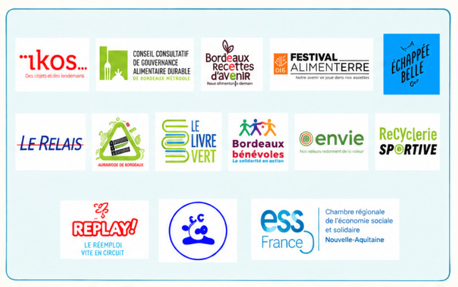 Logos d'organisations de l'économie sociale et solidaire à Bordeaux et en région Nouvelle-Aquitaine.