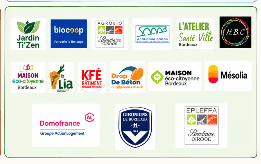 Logos de divers partenaires locaux tels que Biocoop, Domofrance et les Girondins de Bordeaux.
