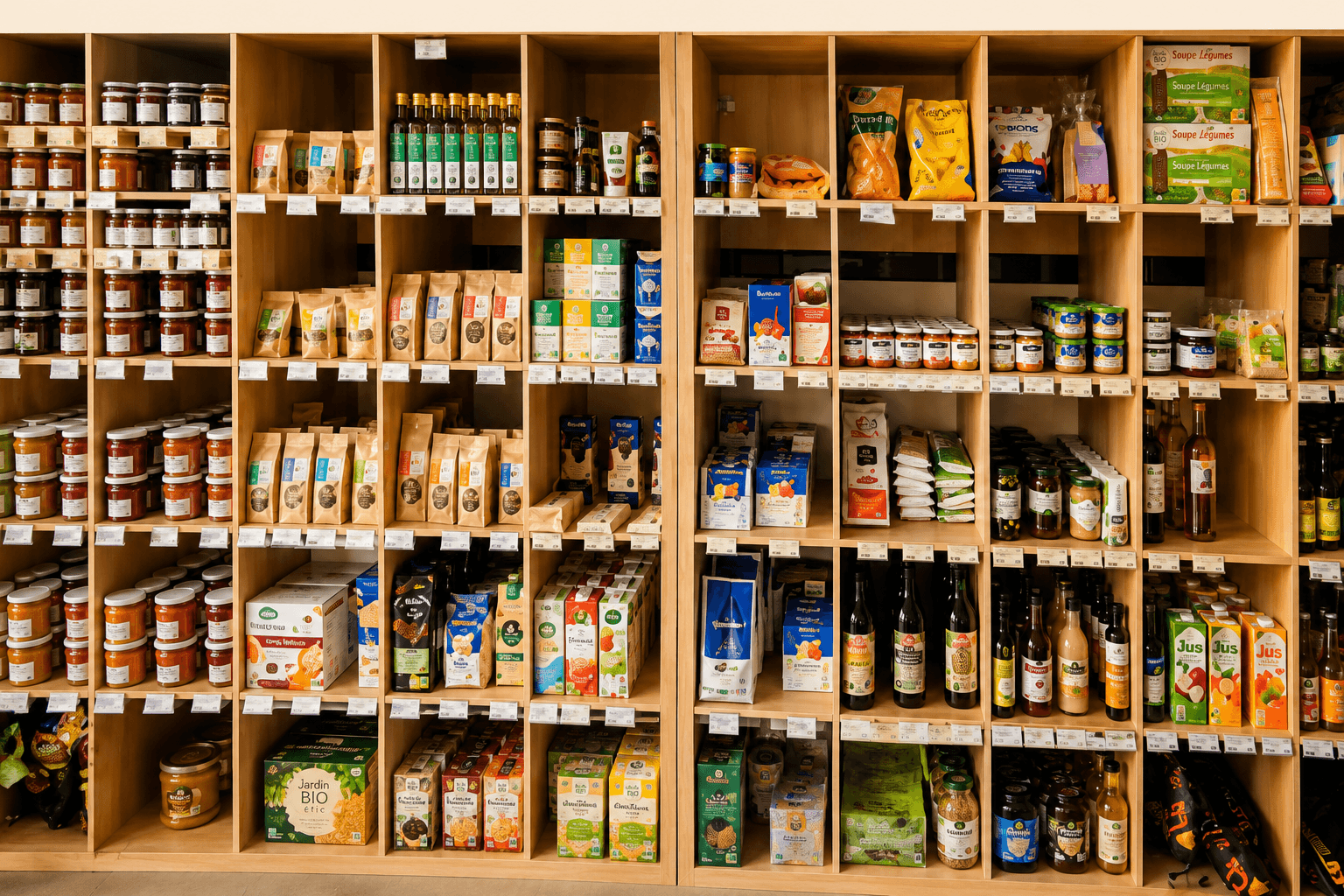 Étagères en bois remplies de bocaux, bouteilles et boîtes de produits alimentaires biologiques divers.