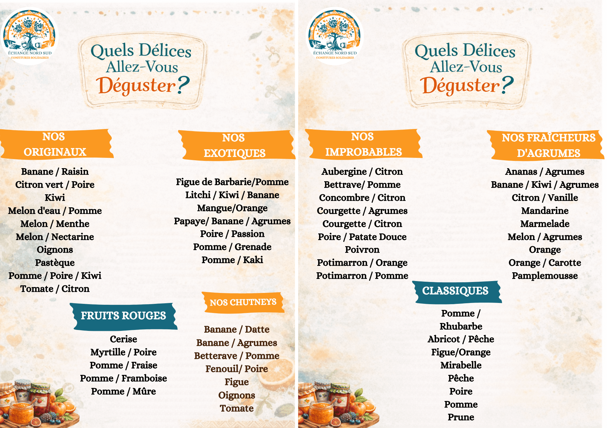 Menu de confitures solidaires proposant une large variété de saveurs originales, exotiques et classiques.